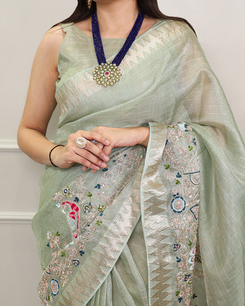Sky Blue Color Embroidered Kota Tissue Saree