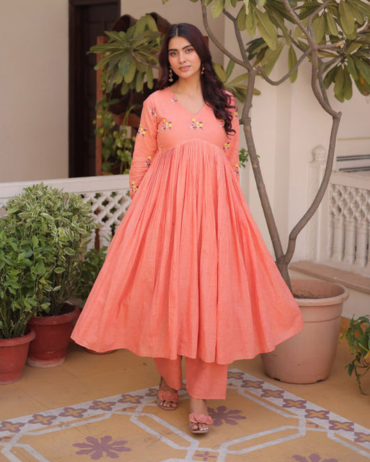Peach Color Pure Cotton Embroidered Kurti Suit