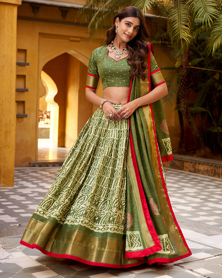 Mehndi Color Dola Silk Batik Printed Lehenga Choli