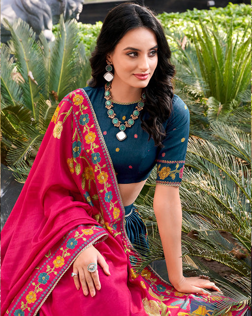 Peacock Blue Color Tussar Silk Printed With Foil Work Lehenga Choli