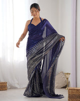 Navy Blue Color Heavy Georgette Embroidered Saree