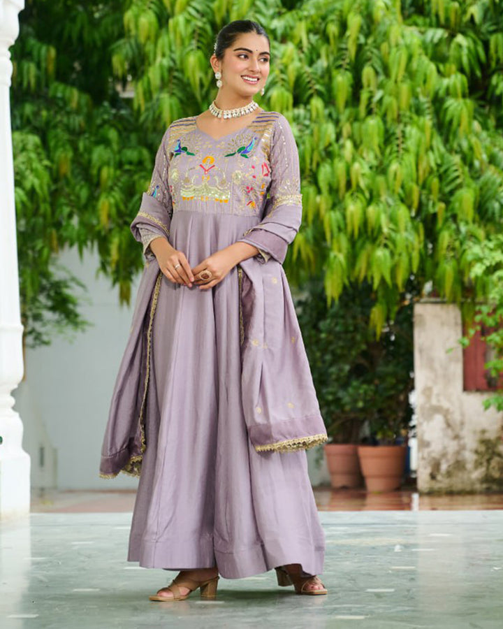 Lavender Color Vichitra Silk Sequence Embroidered Gown