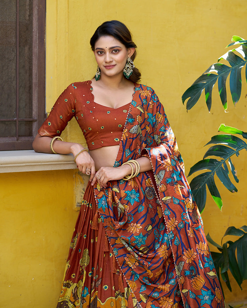 Rust Orange Color Tussar Silk Kalamkari Printed Lehenga Choli