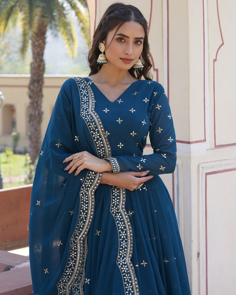 Rama Color Full Flair Anarkali Gown With Embroidered Dupatta
