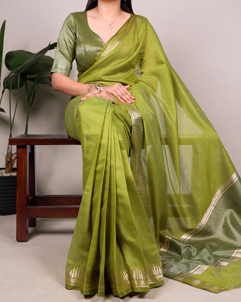Olive Green Color Cotton Silk Zari Weaving Saree