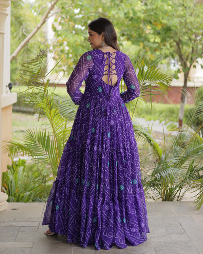 Purple Color Bandhani Print Faux Georgette Navratri Gown