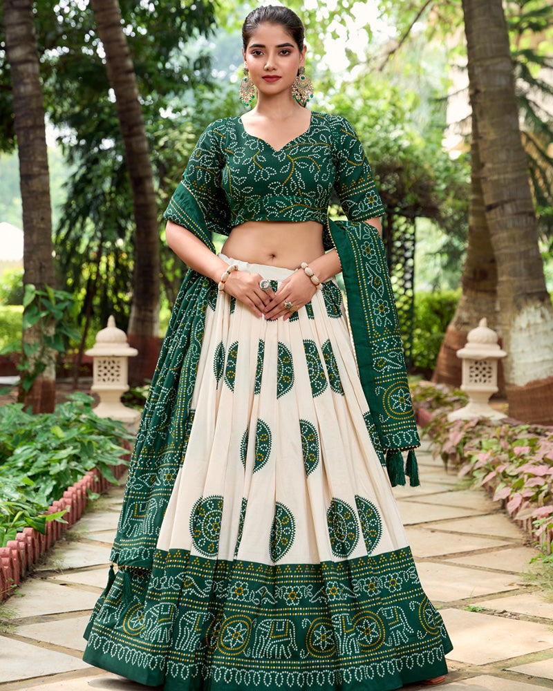 Green Color Tussar Silk Bandhej Printed Lehenga Choli