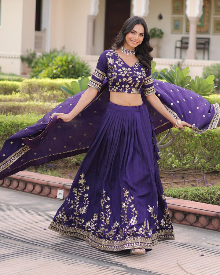 Royal Purple Color Vichitra Silk Embroidered Lehenga Choli