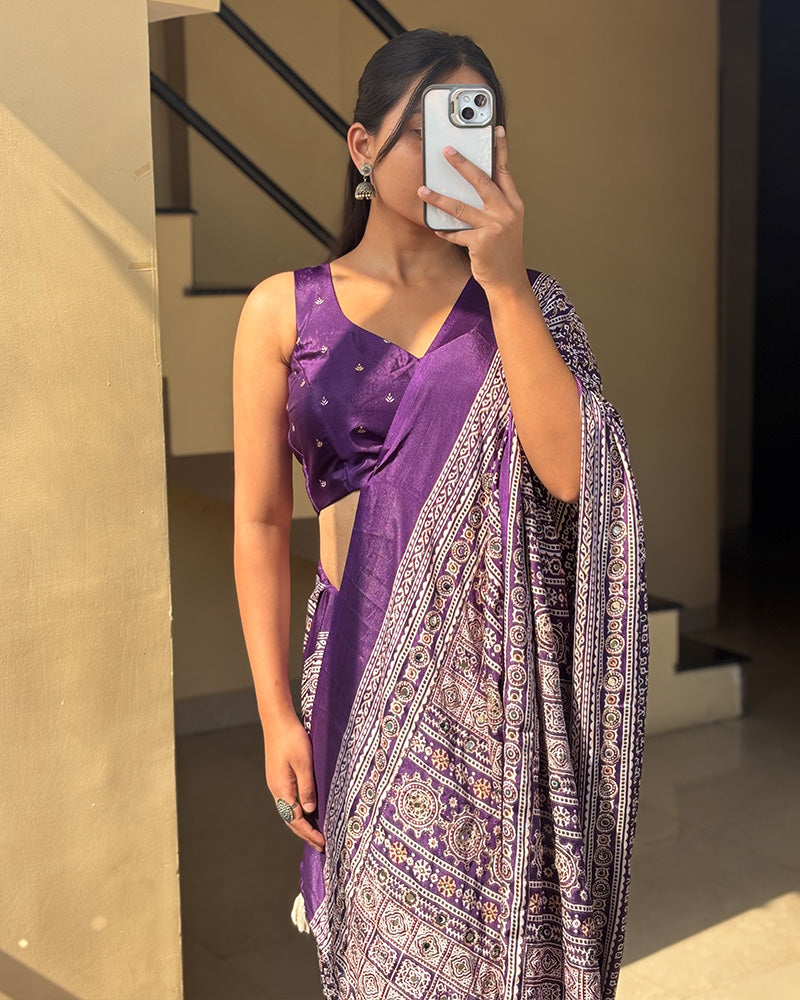 Purple Color Pure Crape Silk Ajarakh Print Saree