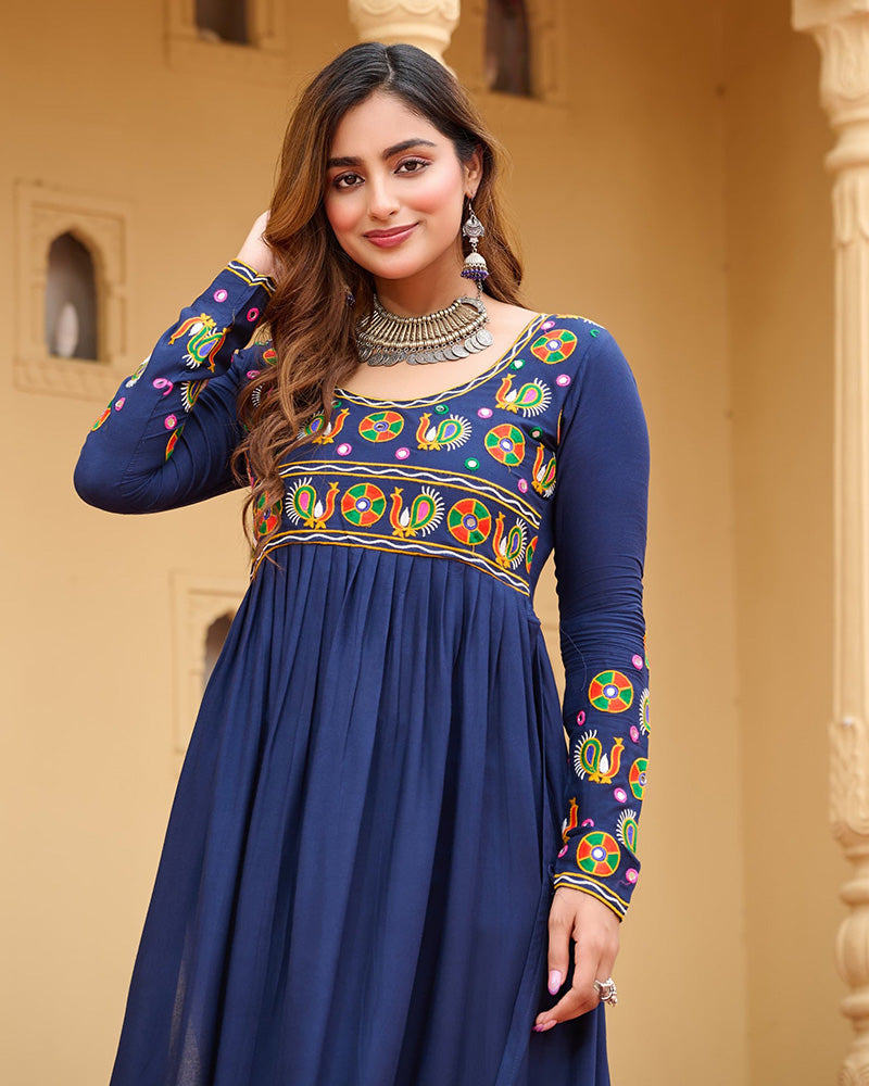 Traditional Blue Pure Rayon Embroidered Navratri Kurti