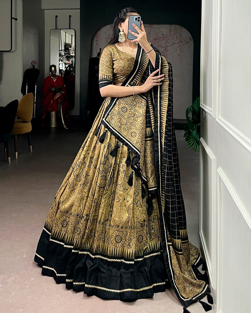 Gold Color Tasar Silk Kalamkari Printed Lehenga Choli