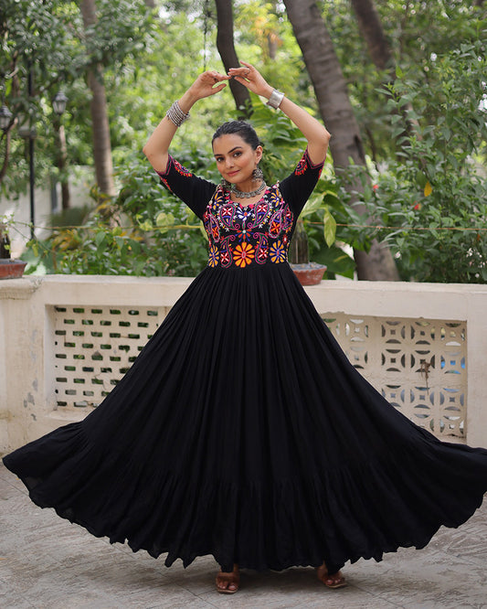 Black Color Rayon Kutchi Gamthi Style Navratri Gown