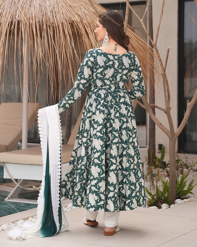 White And Green Color Floral Printed Cotton Anarkali Suit