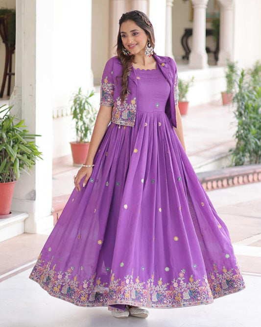 Purple Color Vichitra Silk Embroidered Gown