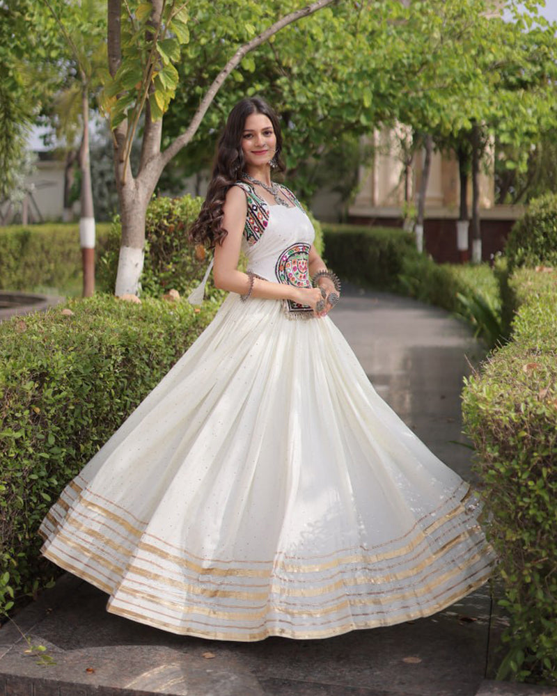 Six Color Rayon Mukesh-work With Patti Lace Navratri Lehenga Set