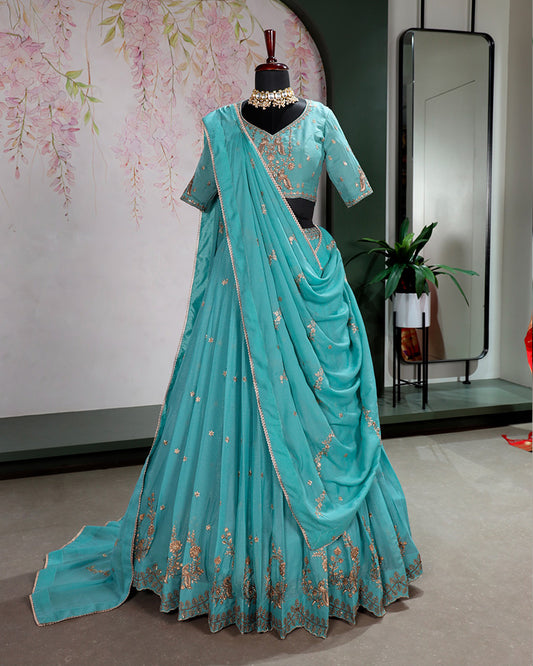 Sky Blue Color Star Georgette Embroidered Lehenga Choli
