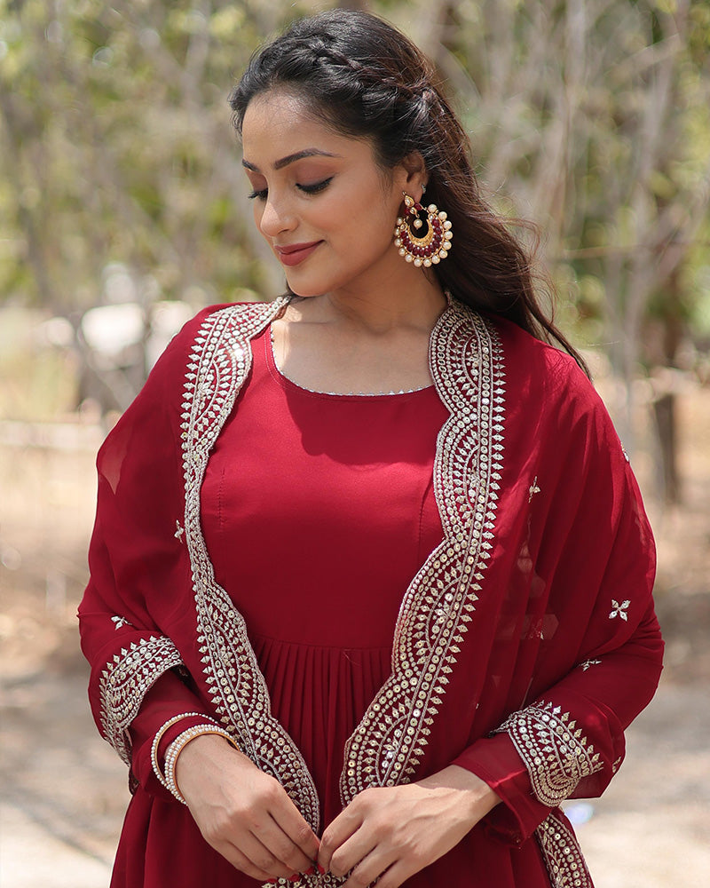 Maroon Color Designer Embroidered Gown With Dupatta