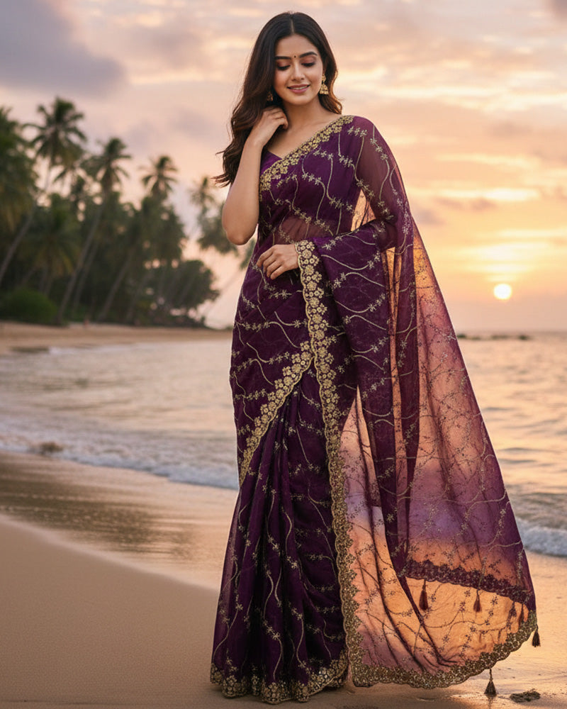 Purple Color Space Silk Embroidered Saree