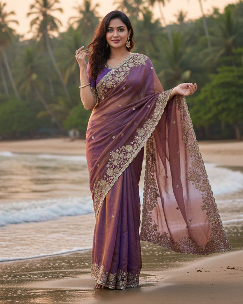 Maroon Color Space Silk Beads Embroidered Saree