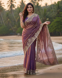 Maroon Color Space Silk Beads Embroidered Saree