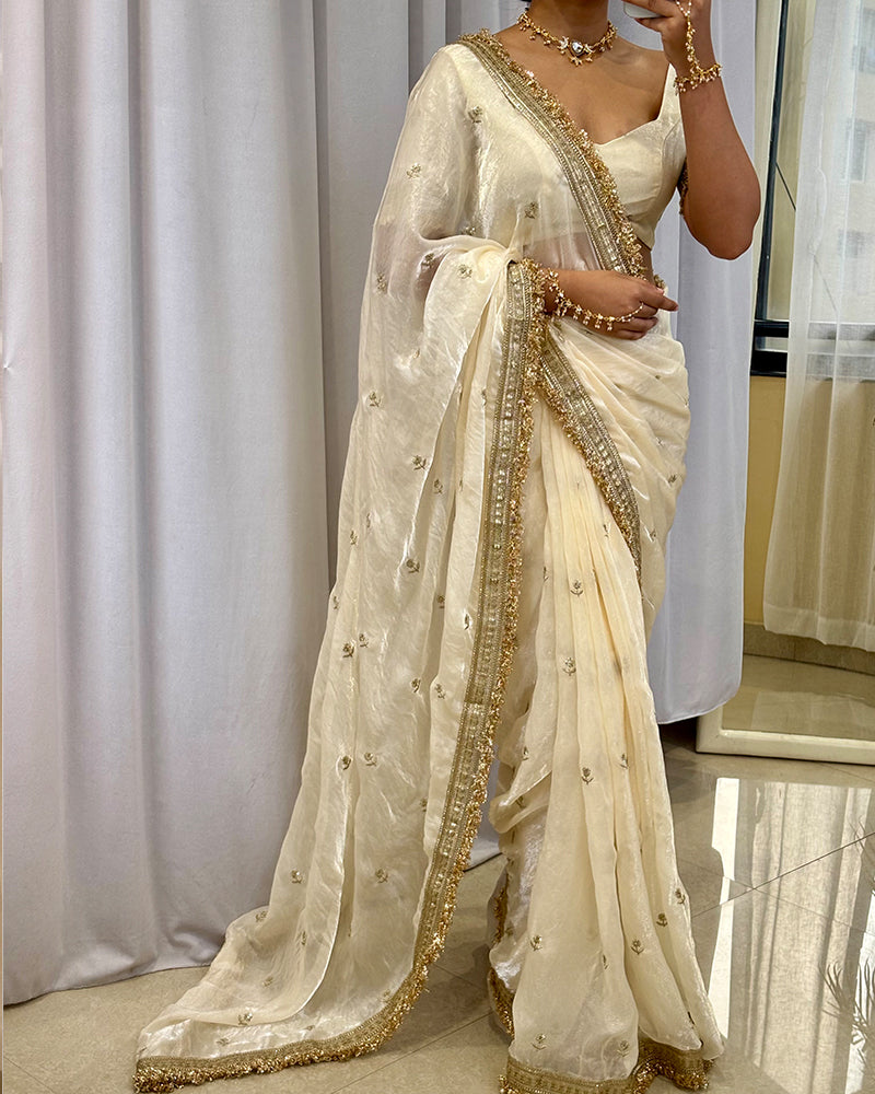 Cream Color Space Satin Embroidered Saree