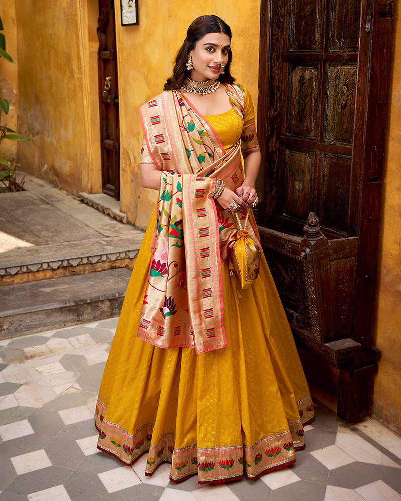 Mango Color Paithani Silk Zari Weaving Lehenga Choli