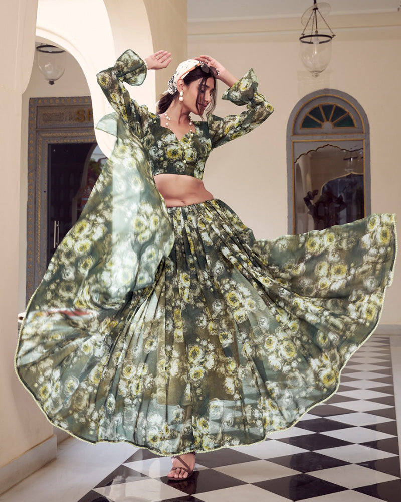 Mehndi Color Weightless Marble Printed Saree