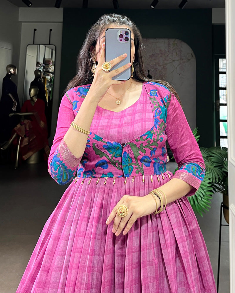 Pink Color Viscose Chanderi Printed Gown