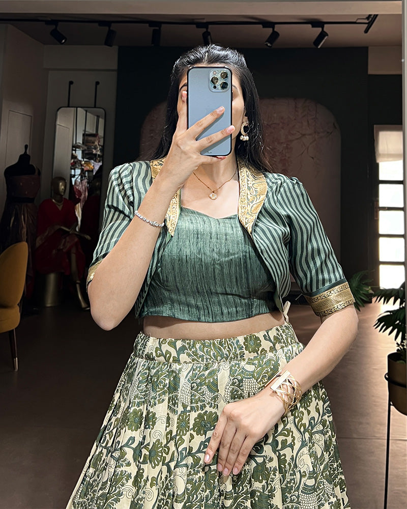 Green Color Tasar Silk Viscose Printed Lehenga Choli