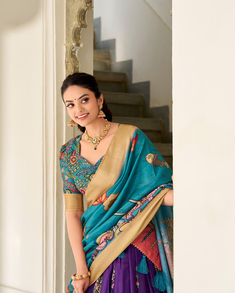 Purple Color Dola Silk Designer Kalamkari Print Half Saree