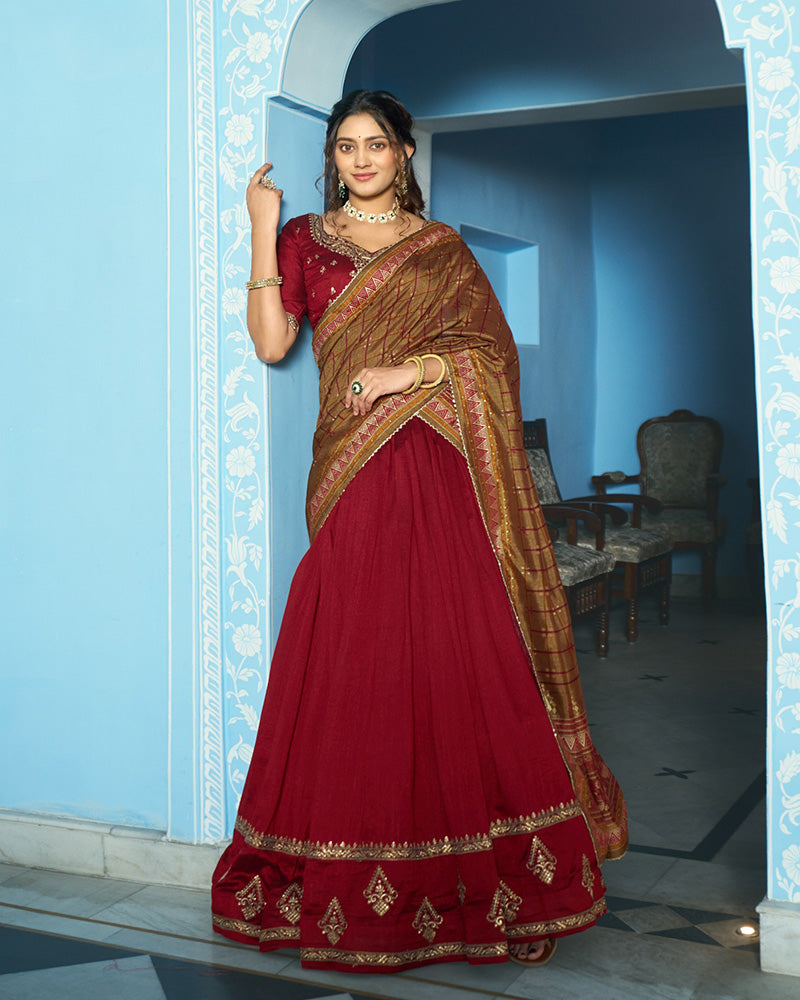 Elegant Maroon Embroidered Vichitra Silk Lehenga Choli