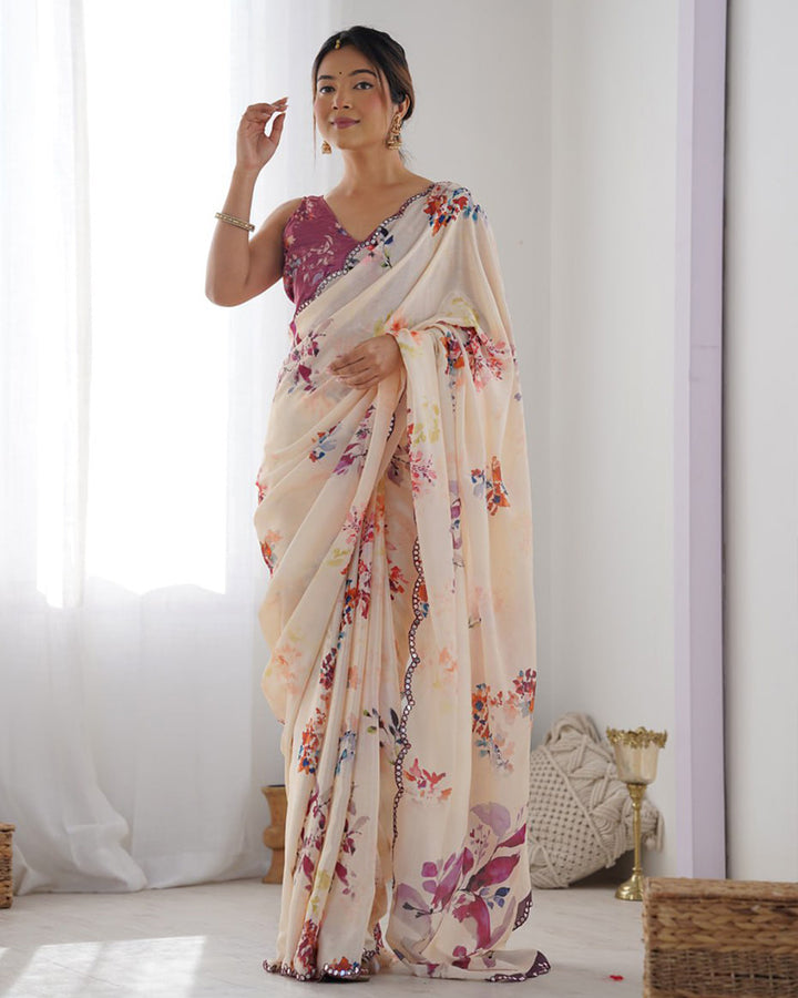 Cream Color Chinnon Silk Saree