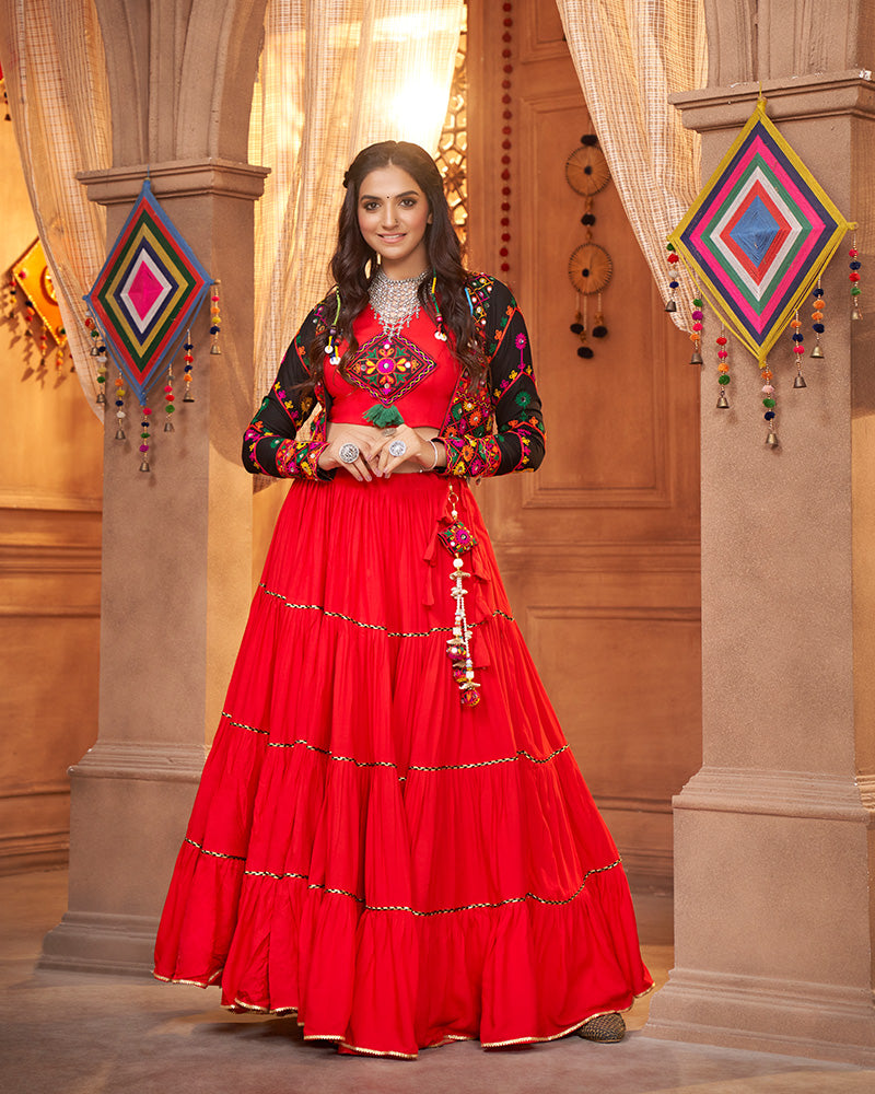 Red Color Viscose Rayon Threaded Fully Stitched Navratri Lehenga Choli