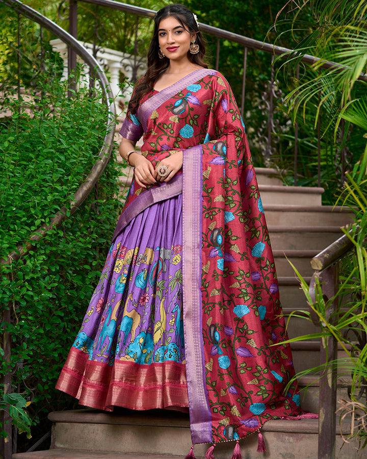 Lavender Color Dola Silk Designer Kalamkari Print Lehenga Choli