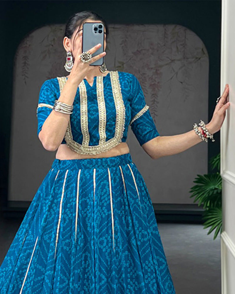 Firozi Color Chiffon Bandhej Printed Navratri Lehenga Choli