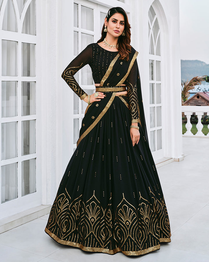 Black Color Sequence Embroidered Georgette Semi Stitched Lehenga Choli