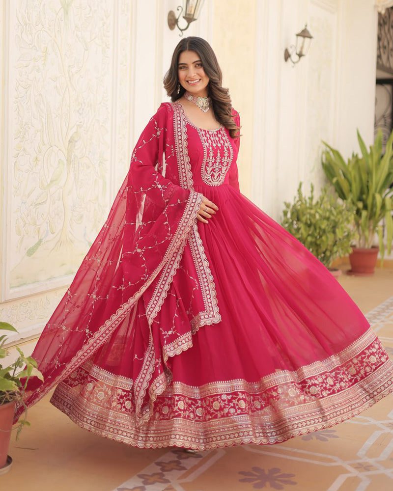 Pink Color Faux Blooming Rich Sequence Embroidered Gown