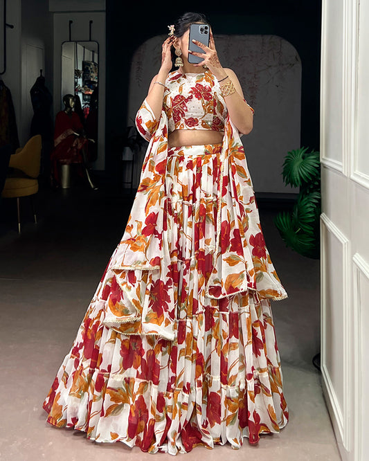 White Color Marble Floral Printed Lehenga Choli