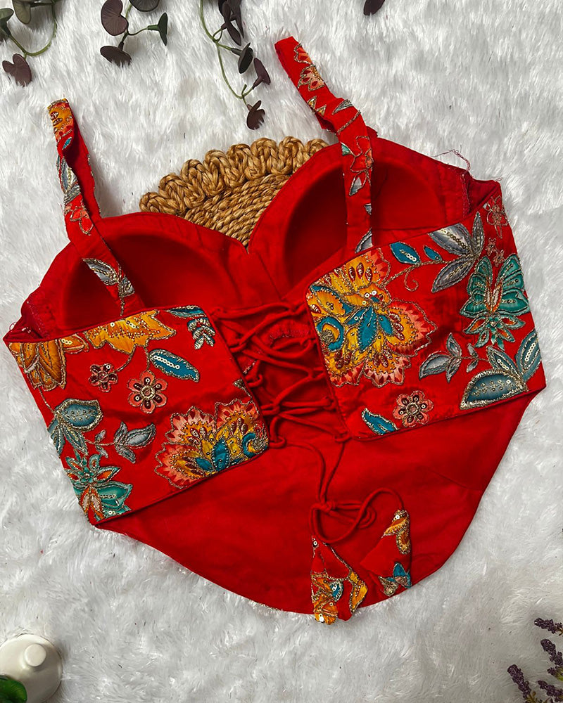 Orange Color Rumali Silk Embroidered Spaghetti Blouse