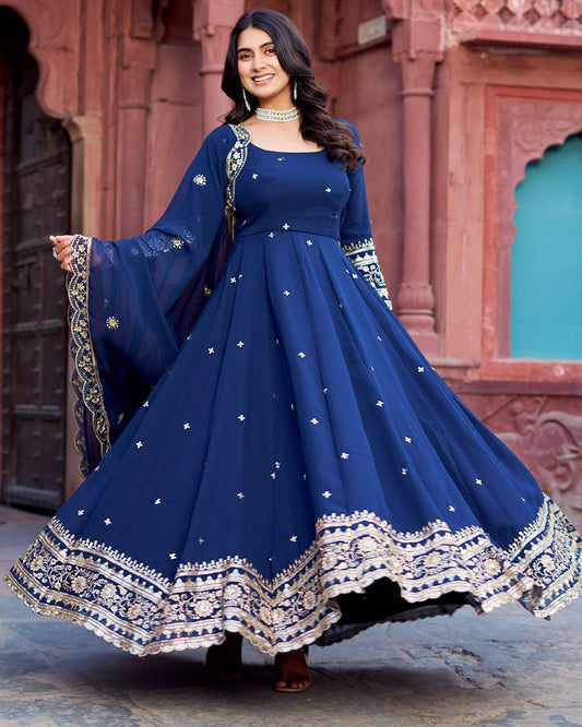 Ethnic Blue Color Georgette Sequence Embroidered Gown