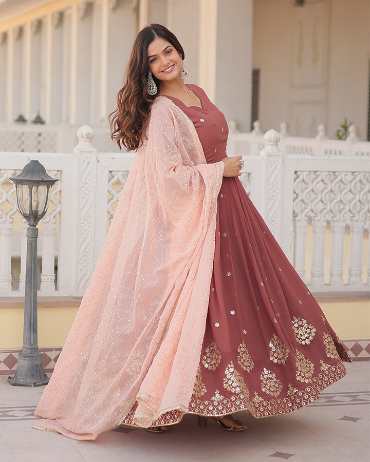 Chocolate Color Full Floor Length Anarkali Gown With Sequence Embroidery Dupatta