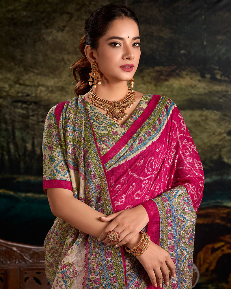 Pink Color Green Silk Fusion Printed Saree
