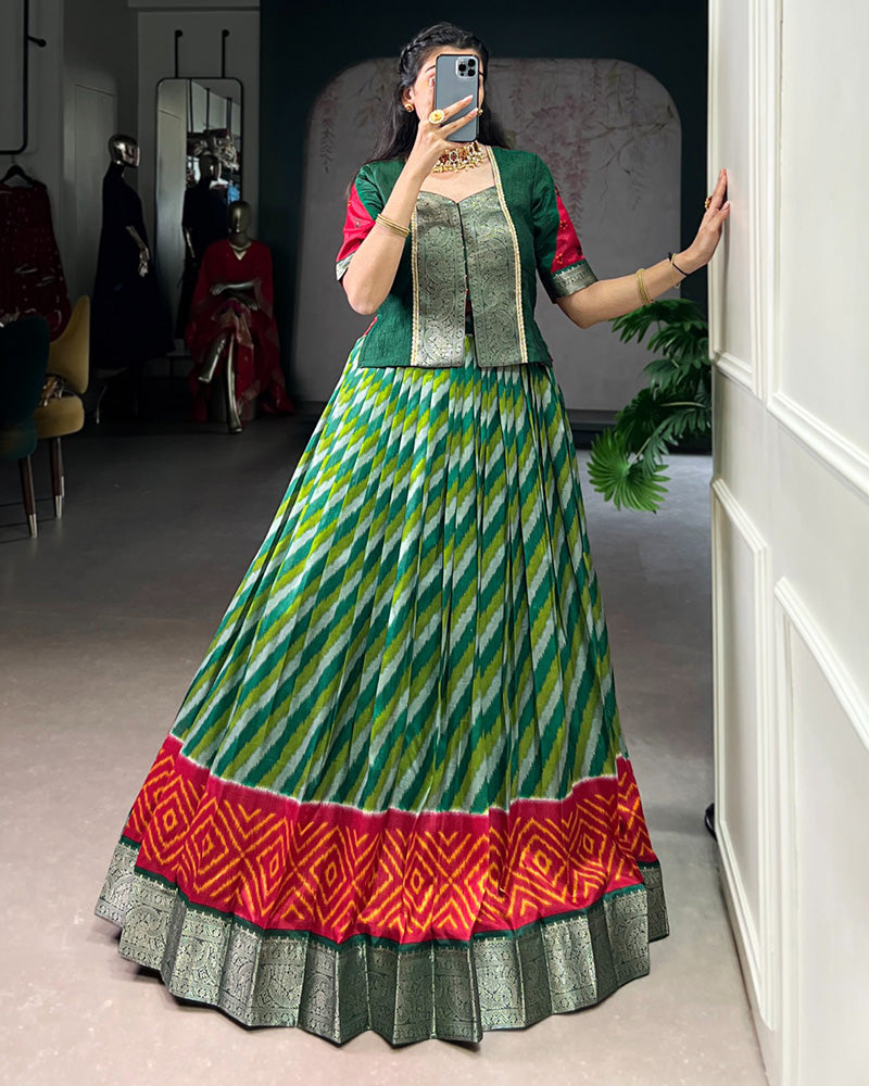 Green Color Tasar Silk Laheriya Printed Lehenga Choli