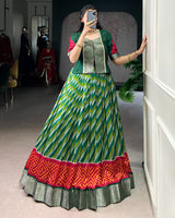 Green Color Tasar Silk Laheriya Printed Lehenga Choli