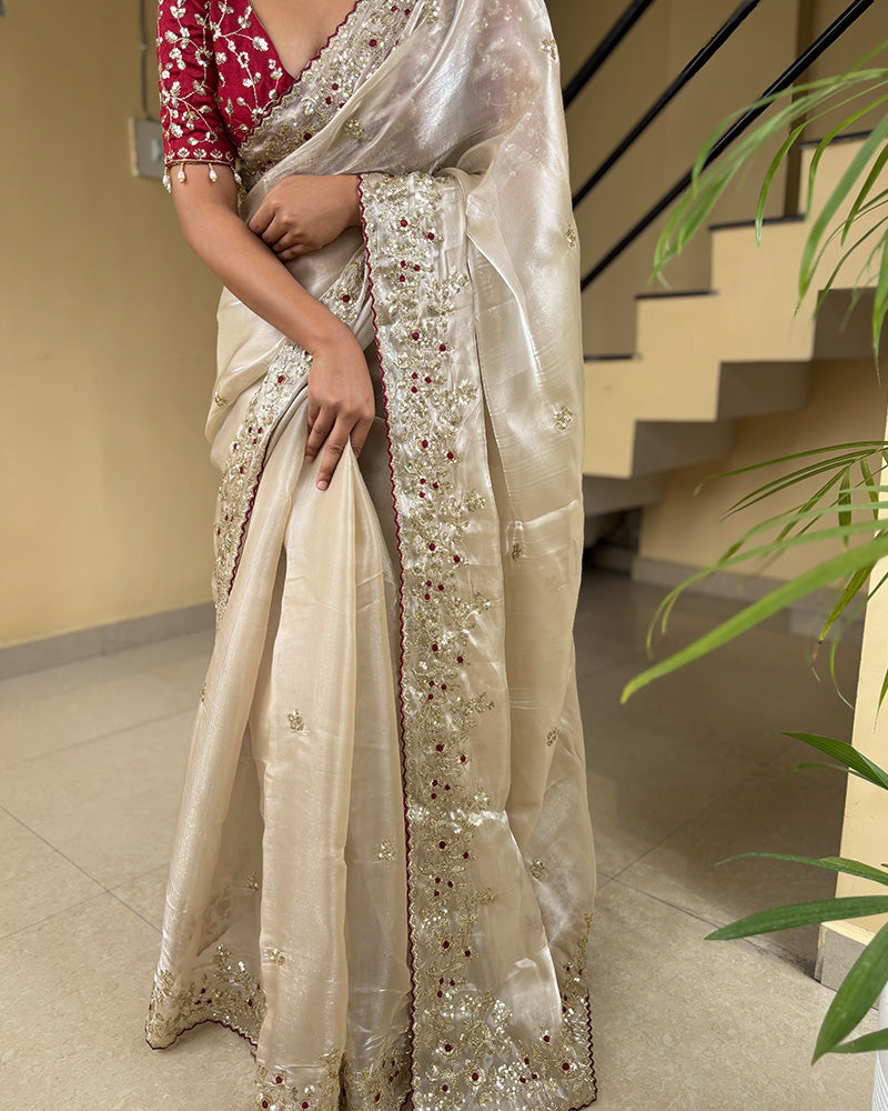 Cream Color Pure Soft Organza Saree
