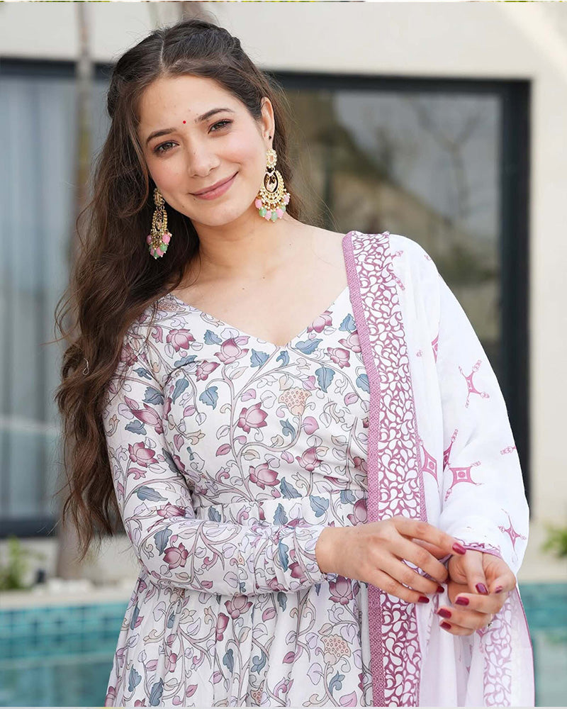 White Color Printed Soft Cotton Three Piece Anarkali Suit