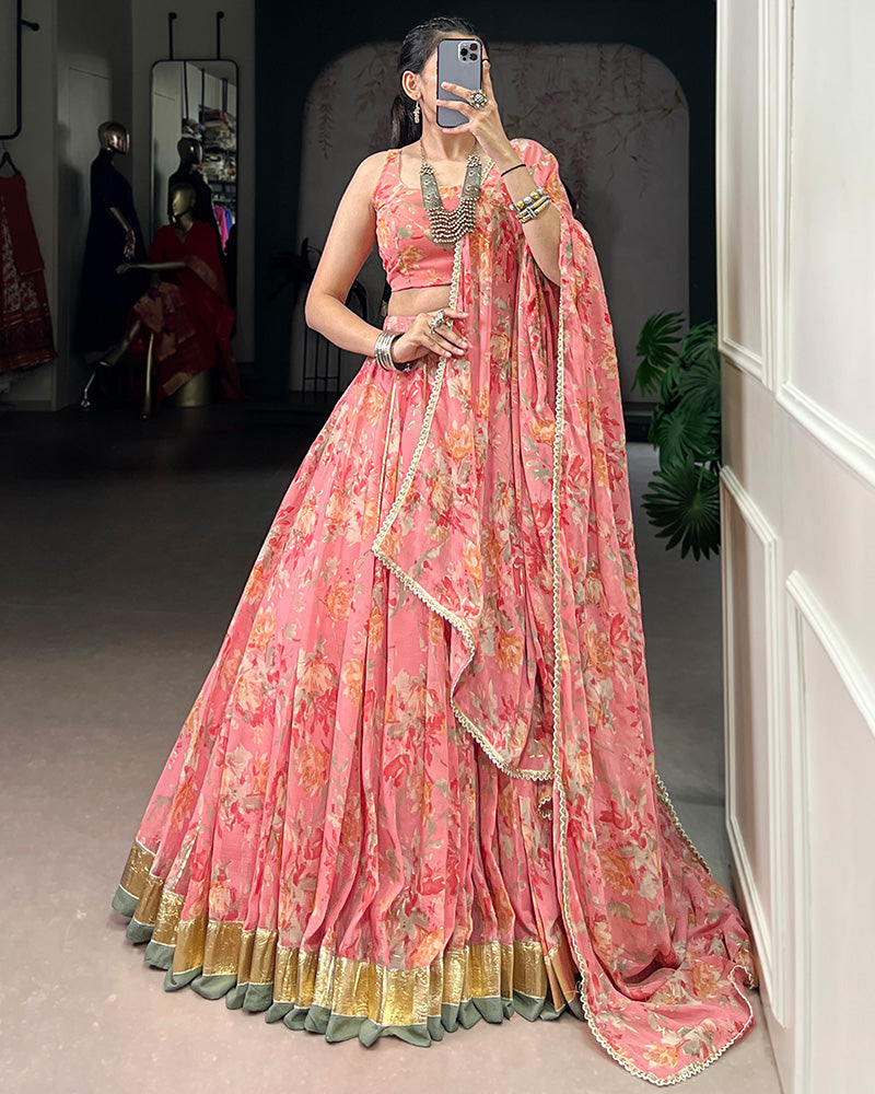 Peach Color Chiffon Printed Lehenga Choli
