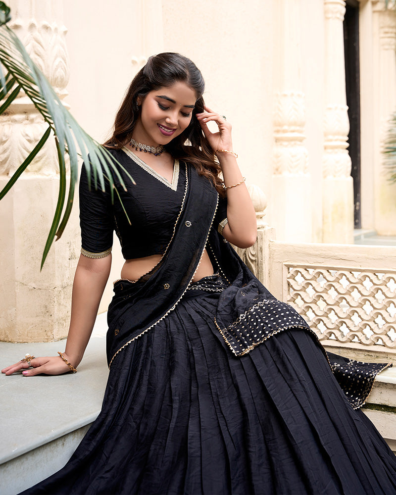 Black Color Pure Chanderi Plain Navratri Half Saree