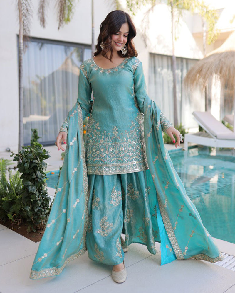 Sky Color Fendi Crush Embroidered Plazzo Suit