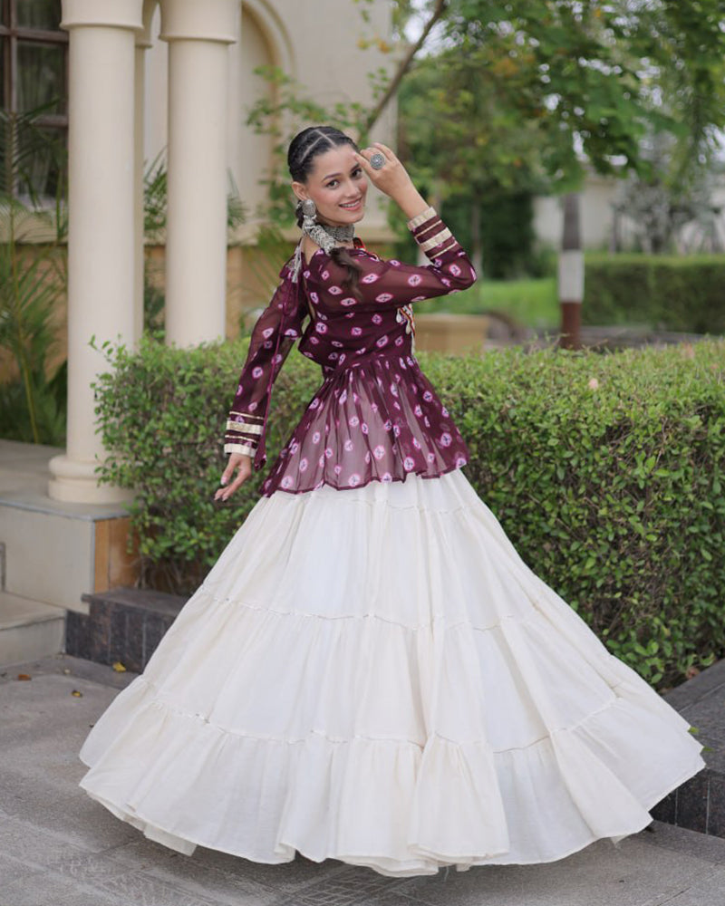 Wine Color Bandhani Printed With Kora Cotton Navratri Lehenga Set